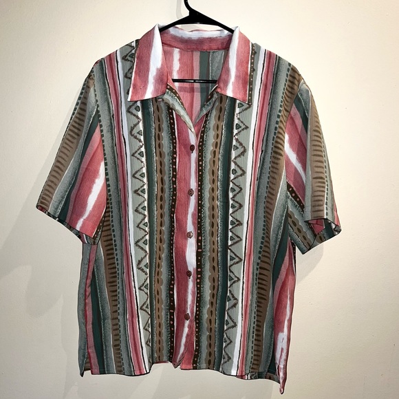 Tops - Watermelon Striped Collared Button Up, Vintage Pink & Green Shirt